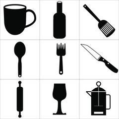 kitchen, food, cooking, vector, icon, set, pan, pot, symbol, knife, chef, utensil, preparation, sign, cook, spoon, boil, mix, restaurant, timer, stew, fork, line, outline, recipe, plate, frying, 