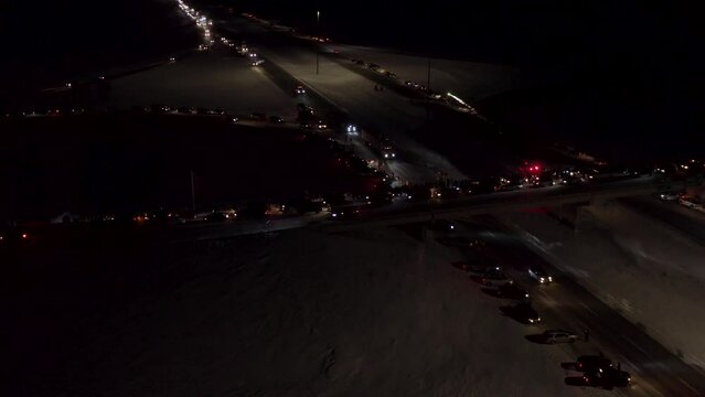 Aerial view of Freedom Convoy 2022 as they pass through Manitoba Canada.  Thousands of people lined up in support of this protest.