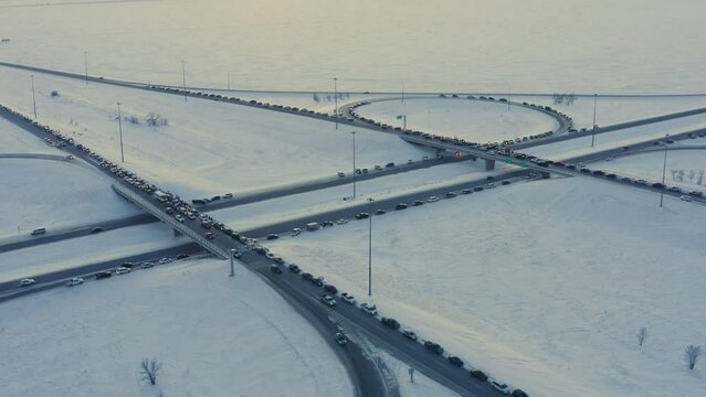 Aerial view of Freedom Convoy 2022 as they pass through Manitoba Canada.  Thousands of people lined up in support of this protest.
