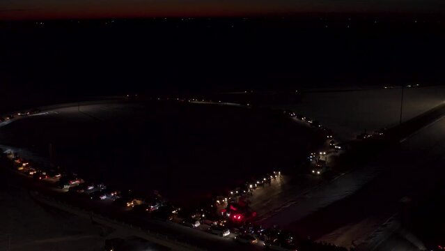 Aerial view of Freedom Convoy 2022 as they pass through Manitoba Canada.  Thousands of people lined up in support of this protest.
