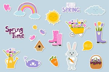 Fototapeta premium Spring stickers set. Design elements for scrapbooking, greeting card, party invitation, poster, tag, sticker kit.