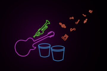 Vector illustration on the theme of International Jazz Day. Jazz instruments, guitar drums, trumpet with neon effect on a dark background. For the design of posters, banners of music stores, bars, ins