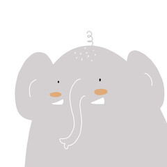 Cute Nursery Vector Illustration with Gray Funny Elephant Isolated on a White Background. Lovely Print ideal for Card, Wall Art, Poster, Kids Room Decoration, Safari Party.