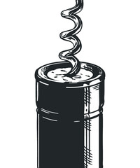 Close-up of a corkscrew opening a bottle of wine. The cork is pierced by the metal spiral. Vector engraving illustration.