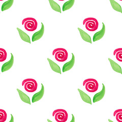 Seamless pattern with hand-drawn watercolor abstract red flowers with green leaves on white. Abstract background. Organic, natural, freshness concept for textile, print, etc.