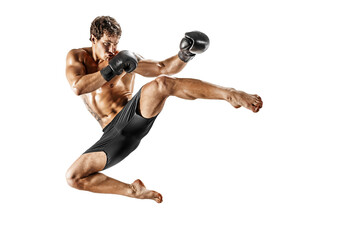 Full size of athlete kickboxer who perform muay thai martial arts on white background. Sport concept