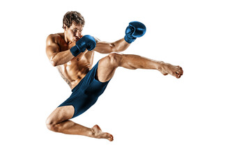 Full size of kickboxer who perform muay thai martial arts on white background. Blue sportswear 