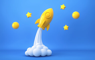 Yellow rocket, planets and stars in space on blue background