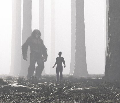 Giant Bigfoot creature and person facing one another in a mystical forest