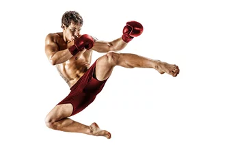 Tuinposter Full size of kickboxer who perform muay thai martial arts on white background. Red sportswear  © zamuruev