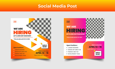 Job vacancy design social media post. We are hiring post design on square design. Social media find a job layout