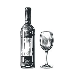 Wine bottle and wine glass isolated on white background, hand-drawing. Vector vintage engraved illustration.