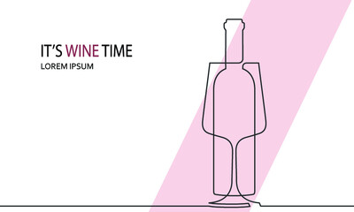 Continuous one line drawing of wine bottle with wineglass. Vector illustration for web, poster, pub menu.