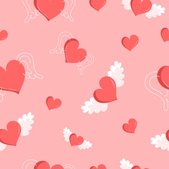 Fototapeta na wymiar Valentine's day seamless pattern, a red hearts with wings on pink, light red background