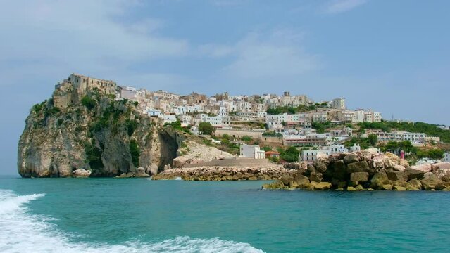 Peschici village of Gargano in Puglia region south Italy - boat view 