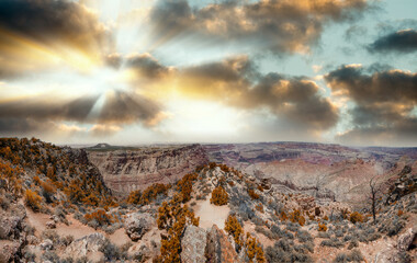 Panoramic aerial view of Grand Canyon South Rim at summer sunset.