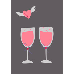 Two Glasses Of Pink Champagne. A heart with wings. Vector Image In Boho Style.