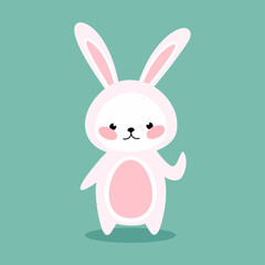 Cute pink rabbit with an egg-shaped belly on a mint background. Easter design. Vector illustration.