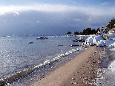 ice on the beach at sandhamn in the archipelago of stockholm