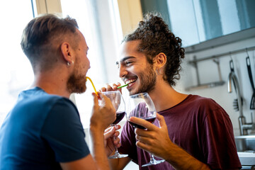 attractive couple of same sex people toasting and drinking red wine, young gay couple flirting in...
