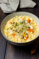 Risotto with pumpkin, cheese and thyme. Vegetarian food. Healthy eating.