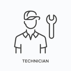 Technician flat line icon. Vector outline illustration of professional employee and wrench. Black thin linear pictogram for handyman