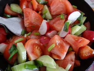 Fresh Salad of Tomatoes, Cucumbers, Green Garlic and Redishes in a Black Bowl
