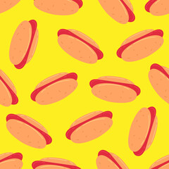 Seamless pattern with hot dogs on a yellow background in cartoon style. Vector fast food illustration background.