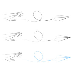 Set of vector illustrations of hand throwing paper plane icons. Outline simple craft paper airplane isolated on white background. Icon symbol of travel and route.