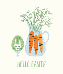 Easter illustration with egg and carrot. Easter symbols. Cute vector design.