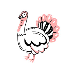 Cute turkey character in linear doodle style. Hand draw vector isolated illustration with farm animal bird.