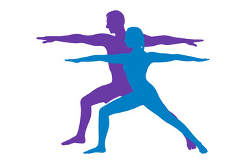 Naklejka na ściany i meble Yoga warrior asana or virabhadrasana I. Couple silhouette practicing yoga asana. Vector illustration isolated on white background
