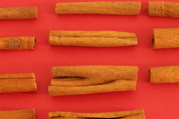 Cinnamon flavor closeup Aromatic Cuisine. On red background. Top view. With copy space