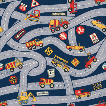 Cute car and truck road traffic map abstract vector seamless pattern print for children wear fabric 