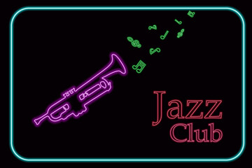 Vector illustration on the theme of International Jazz Day. Jazz instrument, trumpet with neon effect on a dark background. For the design of posters, banners of music stores, bars, institutions