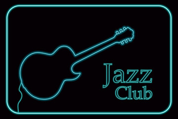 Vector illustration on the theme of International Jazz Day. Jazz instrument, guitar with neon effect on a dark background. For the design of posters, banners of music stores, bars, institutions