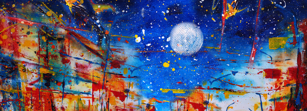 Hand draw painting abstract art panorama moon background colors texture design illustration..