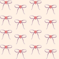 Watercolor seamless with purple bow and heart.