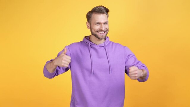 Guy salute friend make v thumb up sign isolated bright color background
