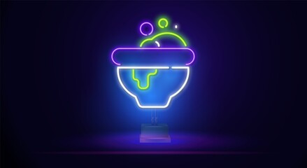 neon magic potion. Witches bowler neon sign. Sign of witches bowler with colorful neon lights isolated on brick wall. Vector illustration