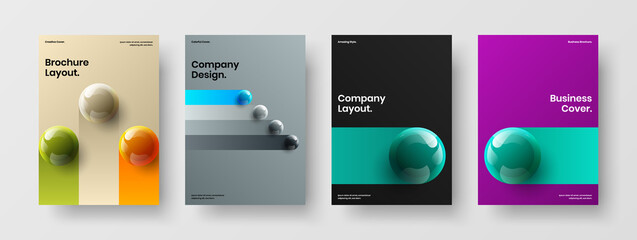 Isolated 3D spheres company identity concept bundle. Vivid front page A4 design vector illustration collection.