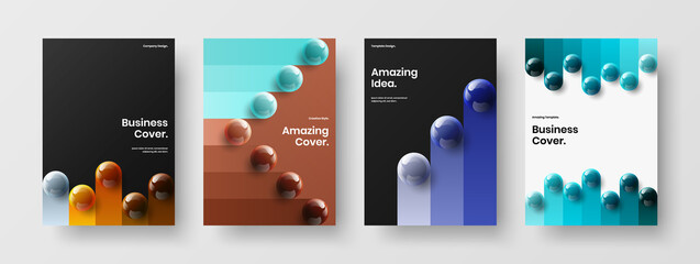 Multicolored corporate cover A4 design vector illustration collection. Minimalistic realistic spheres handbill layout bundle.