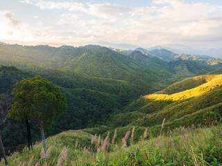 Beautiful landscape of mountains complex at viewpoint Chong Yen, Mae Wong National Park, Kamphaeng Phet, Thailand.
