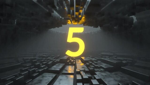 Yellow countdown numbers fly to infinity in a stone, iron, black and white tunnel. Countdown clock from 10 to 0.