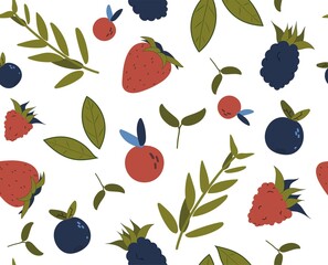 Fresh berry and leaf seamless pattern. Blackberry, blueberry, cranberry, strawberry and different leaves. Color illustration in hand-drawn style. Vector repeat background.