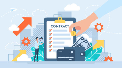 Salary. Receiving money for work performed. Fulfillment of contract conditions. Crediting. Lending money. Debt payment business and management contract. Tiny character. Vector flat illustration - obrazy, fototapety, plakaty