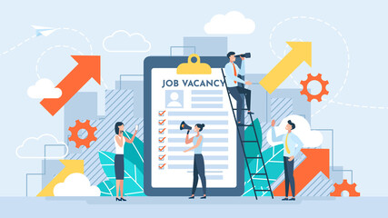Hiring concept. Job vacancy. Hr agency. Job hiring, online recruitment. Tiny people character. Applicants queue for consideration. Agency interview. Job search metaphor. Flat illustration.