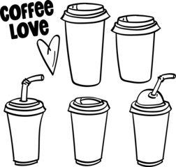 Coffee cup Hand drawn illustration. Take away mugs vector Doodle.