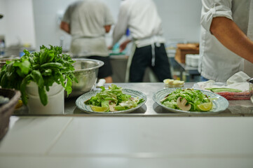 Cook prepares salad