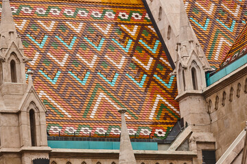 St. Matthias neogothical cathedral pinnacles and colored tiles. Budapest, Hungary